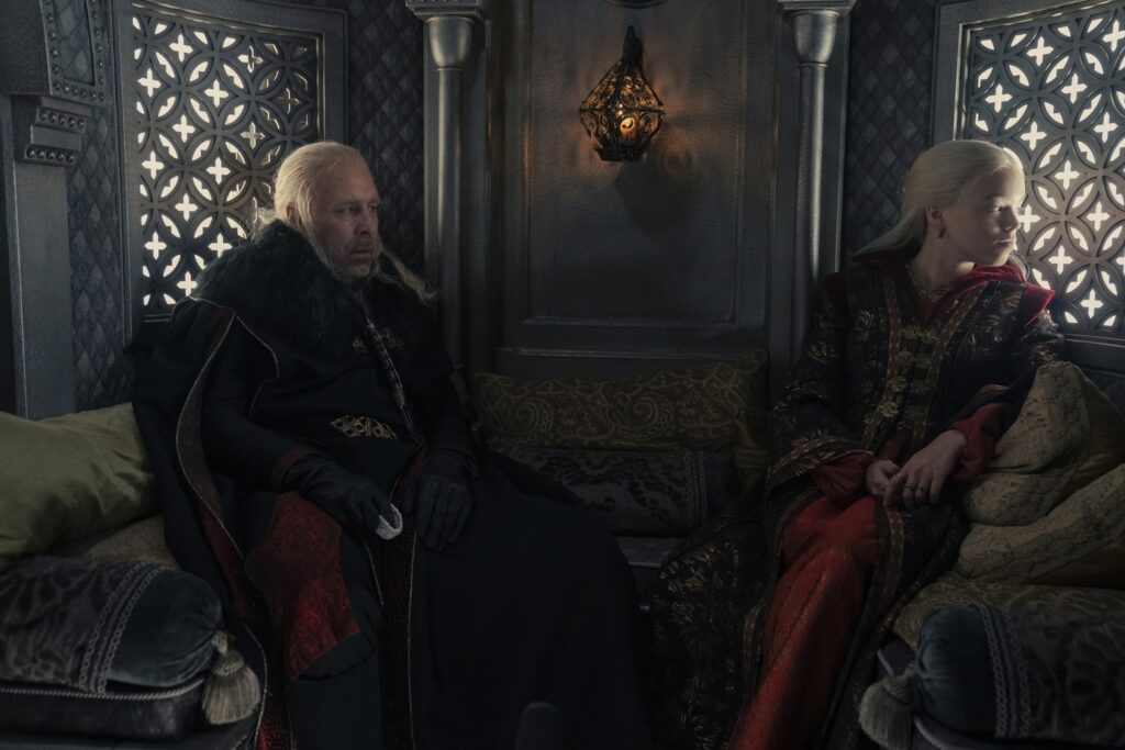 King Viserys and Princess Rhaenyra traveling to Driftmark (Photo courtesy of Ollie Upton / HBO)