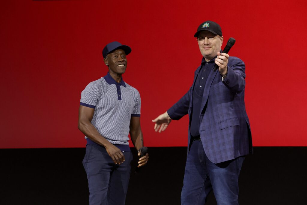 ANAHEIM, CALIFORNIA - SEPTEMBER 10: (L-R) Don Cheadle and Kevin Feige, President of Marvel Studios and Chief Creative Officer of Marvel, speaks onstage during D23 Expo 2022 at Anaheim Convention Center in Anaheim, California on September 10, 2022. (Photo by Jesse Grant/Getty Images for Disney)