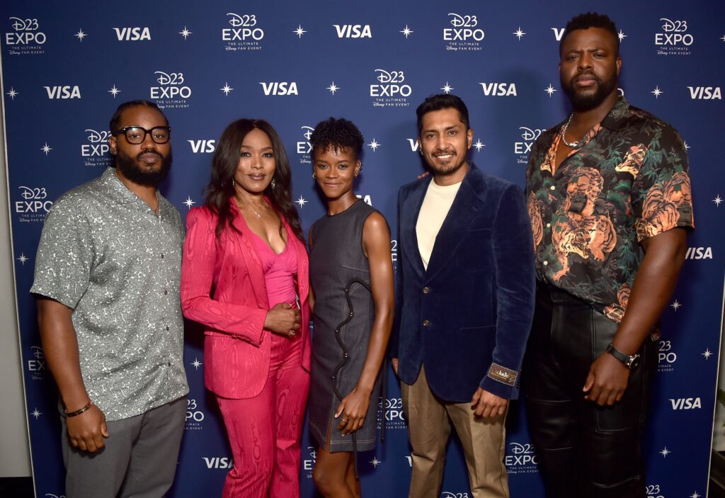 ANAHEIM, CALIFORNIA - SEPTEMBER 10: (L-R) Ryan Coogler Angela Bassett, Letitia Wright, Tenoch Huerta, and Winston Duke attend D23 Expo 2022 at Anaheim Convention Center in Anaheim, California on September 10, 2022. (Photo by Alberto E. Rodriguez/Getty Images for Disney)