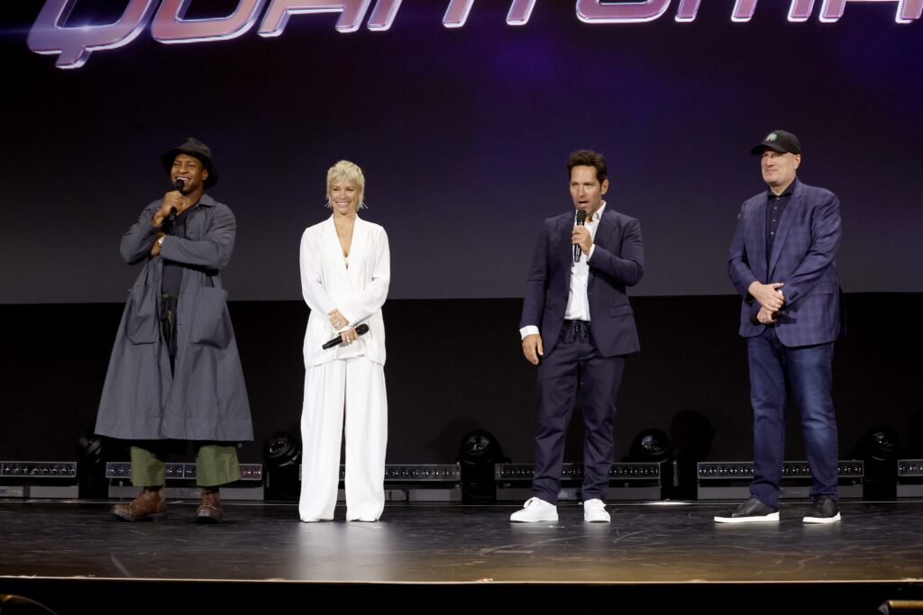 ANAHEIM, CALIFORNIA - SEPTEMBER 10: (L-R) Jonathan Majors, Evangeline Lilly, Paul Rudd, and Kevin Feige, President of Marvel Studios and Chief Creative Officer of Marvel, speaks onstage during D23 Expo 2022 at Anaheim Convention Center in Anaheim, California on September 10, 2022. (Photo by Jesse Grant/Getty Images for Disney)