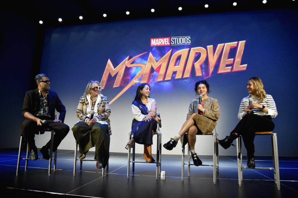 LOS ANGELES, CALIFORNIA - MAY 06: (L-R) Arjun Bhasin, Laura Karpman, Sana Amanat, Iman Vellani and Piya Sinha-Roy speak onstage during the Ms. Marvel FYC Event at Ross House in Hollywood, California on May 06, 2023. (Photo by Alberto E. Rodriguez/Getty Images for Disney)