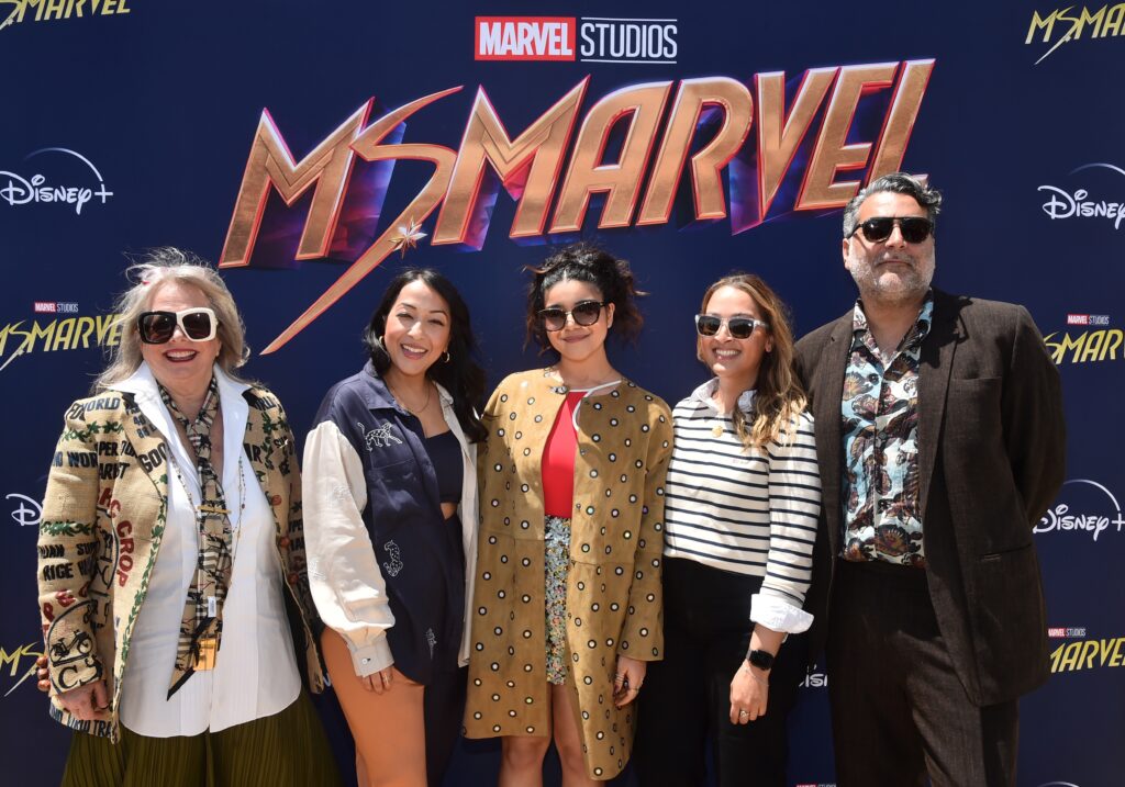 LOS ANGELES, CALIFORNIA - MAY 06: (L-R) Laura Karpman, Sana Amanat, Iman Vellani, Piya Sinha-Roy and Arjun Bhasin attend the Ms. Marvel FYC Event at Ross House in Hollywood, California on May 06, 2023. (Photo by Alberto E. Rodriguez/Getty Images for Disney)