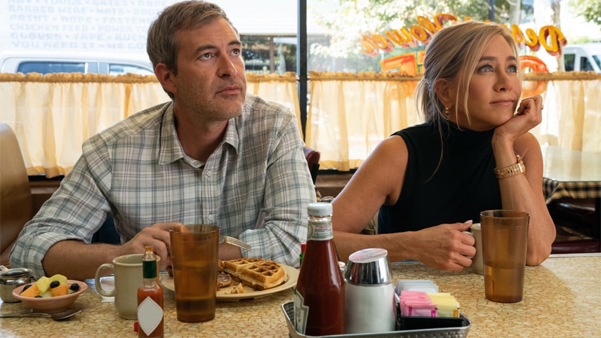 Mark Duplass and Jennifer Aniston in "The Morning Show," premiering September 13, 2023 on Apple TV+.