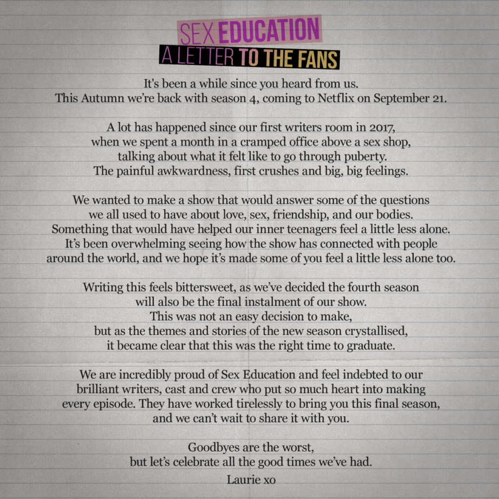 SEX EDUCATION A LETTER TO THE FANS