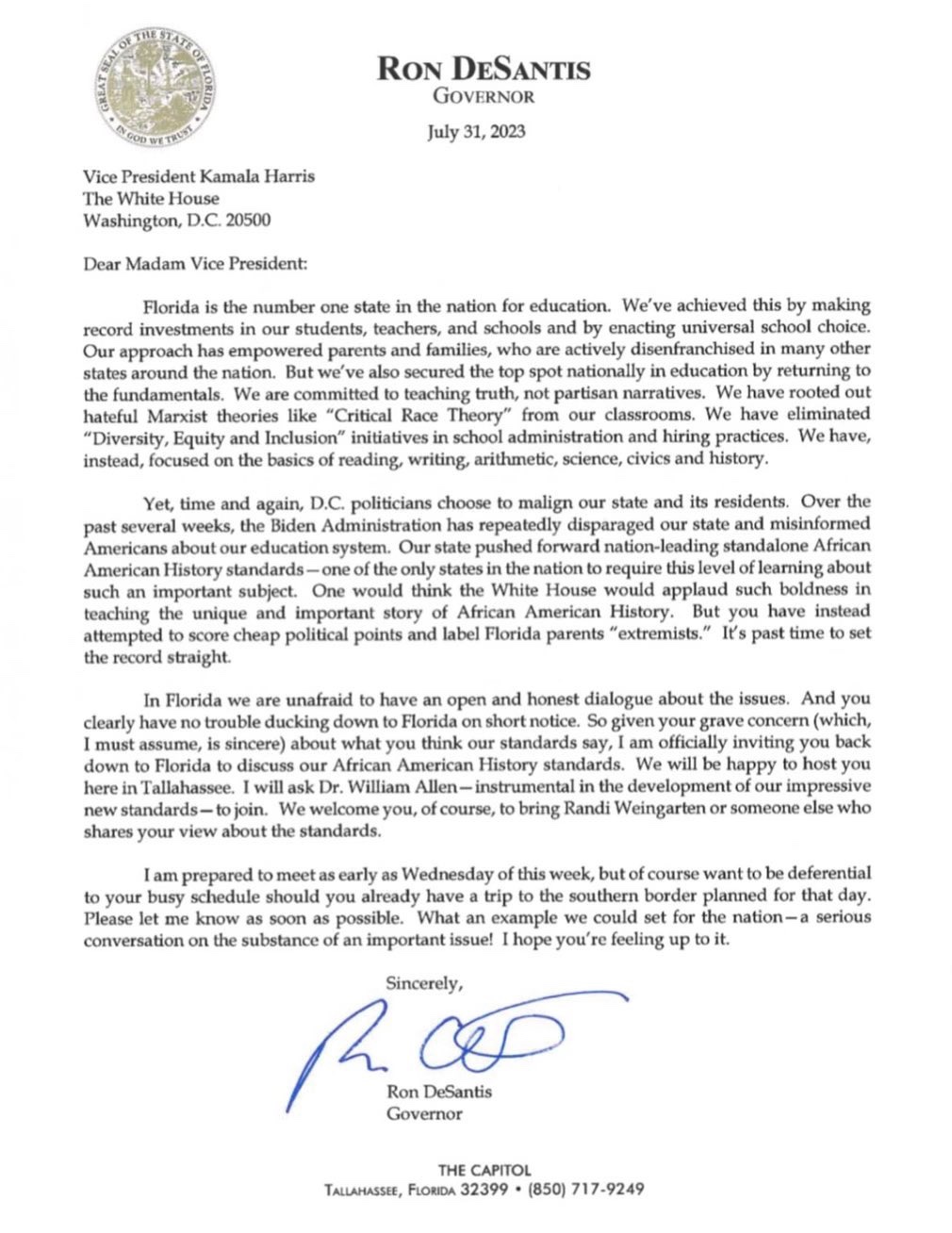 Ron DeSantis letter