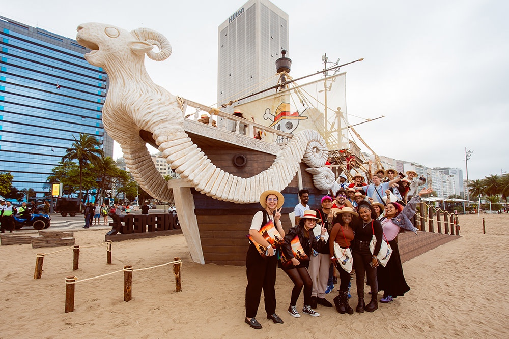 A replica of the Going Merry welcomes visitors at Copacabana Beach in Rio de Janeiro.
