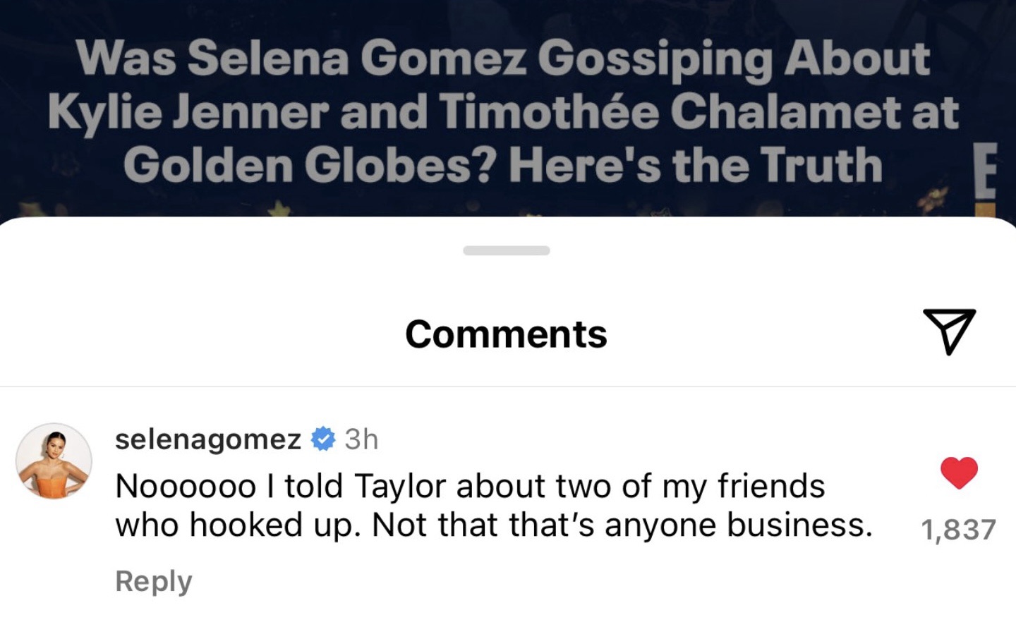 Selena Gomez’s Instagram comment