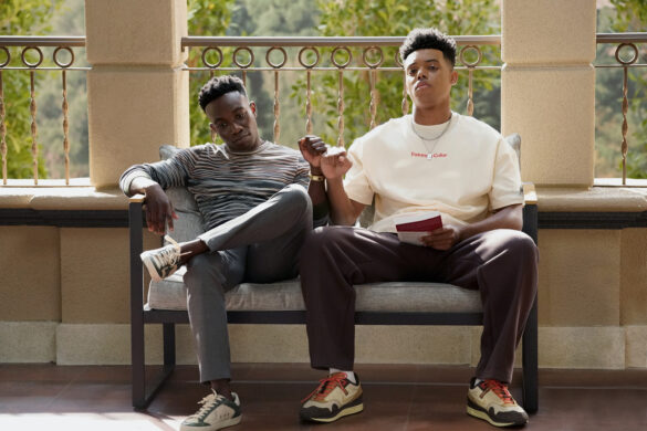 BEL-AIR -- "Out all Night" Episode 304 -- Pictured: (l-r) Olly Sholotan as Carlton, Jabari Banks as Will — (Photo by: Greg Gayne/PEACOCK)