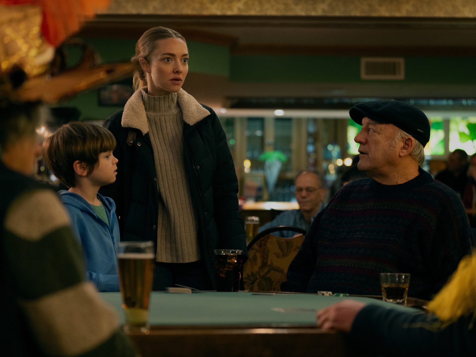 LONG BRIGHT RIVER -- "Mother Wolf" Episode 103 -- Pictured: (l-r) Callum Vinson as Thomas, Amanda Seyfried as Mickey, John Doman as Gee -- (Photo by: David Holloway/PEACOCK)