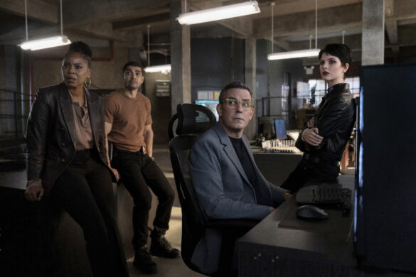 LAW & ORDER: ORGANIZED CRIME -- “Lost Highway” Episode 501 -- Pictured: (l-r) Danielle Moné Truitt as Sgt. Ayanna Bell, Rick Gonzalez as Det. Bobby Reyes, Tate Ellington as Vargas, Ainsley Seiger as Jet— (Photo by: Virginia Sherwood/PEACOCK)