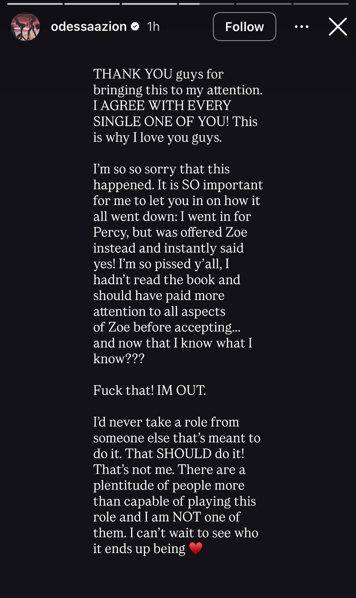 Odessa A’zion's Instagram Story