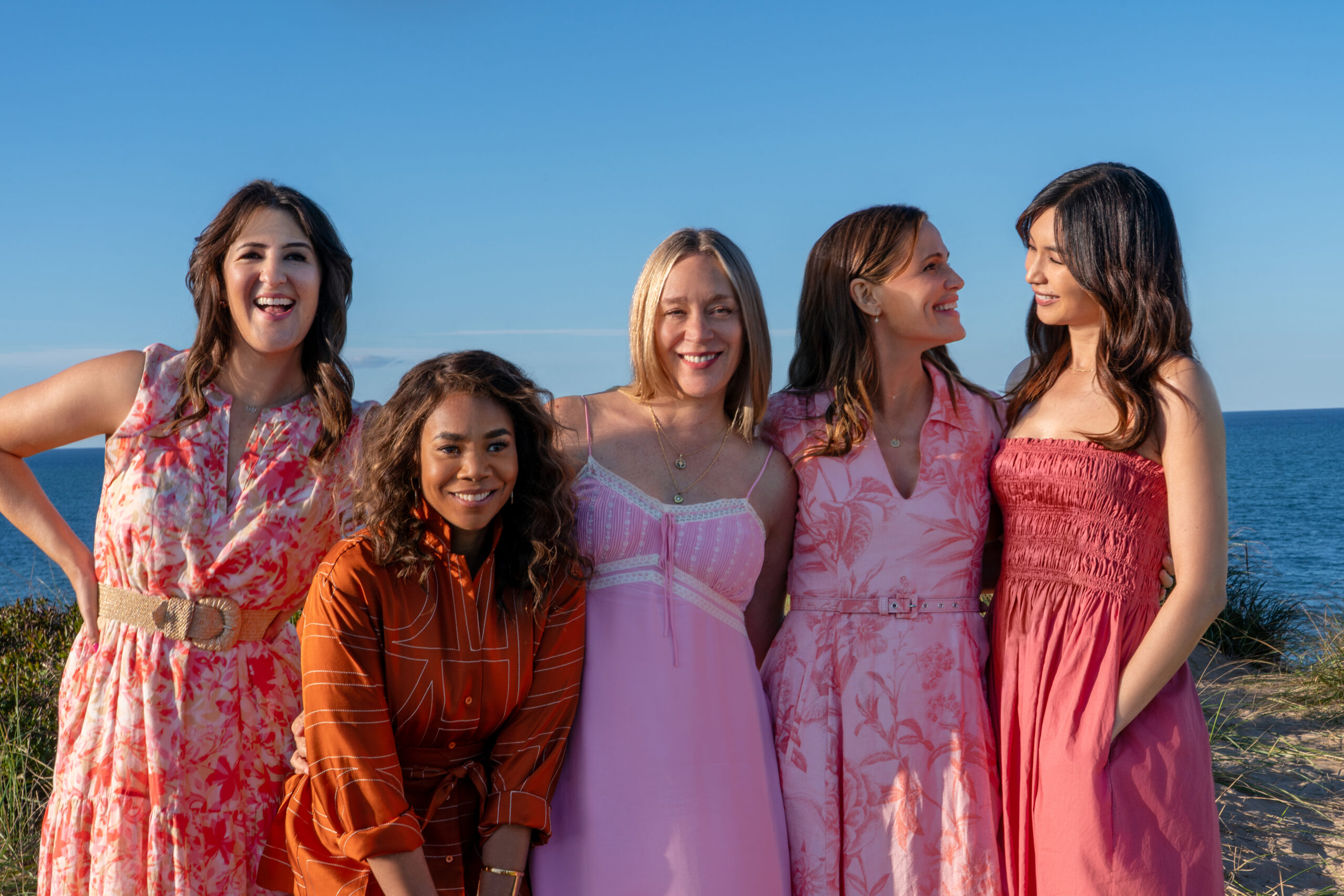 THE FIVE STAR WEEKEND -- Pictured: (l-r) D’Arcy Carden as Brooke, Regina Hall as Dru-Ann, Chloë Sevigny as Tatum, Jennifer Garner as Hollis, Gemma Chan as Gigi -- (Photo by: Seacia Pavao/PEACOCK)