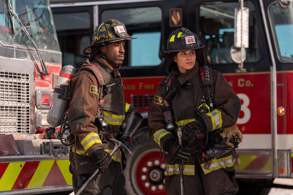 CHICAGO FIRE -- "Reckoning, Part 1" Episode 1415 -- Pictured: (l-r) Dandrell Scott as Briggs, Carlita Tucker as Macy -- (Photo by: Peter Gordon/NBC)