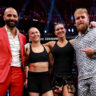 INGLEWOOD, CALIFORNIA - MAY 16: Nikisa Bidarian, Ronda Rousey, Gina Carano, and Jake Paul pose for a photo after the featherweight bout during the main card of Netflix's Ronda Rousey vs. Gina Carano at Intuit Dome on May 16, 2026 in Inglewood, California. (Photo by Sarah Stier/Getty Images for Netflix)
