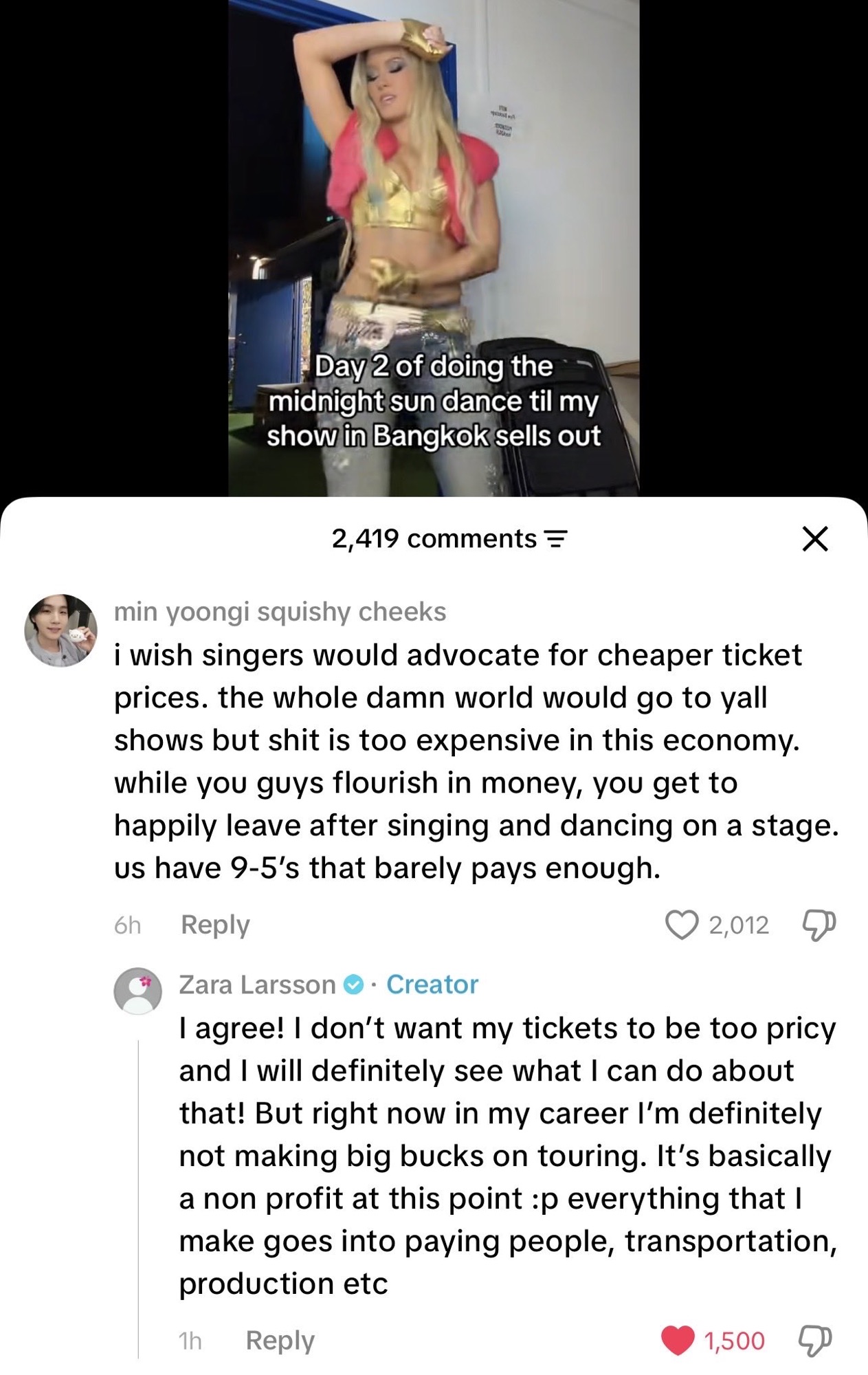 Zara Larsson's TikTok screenshot  
