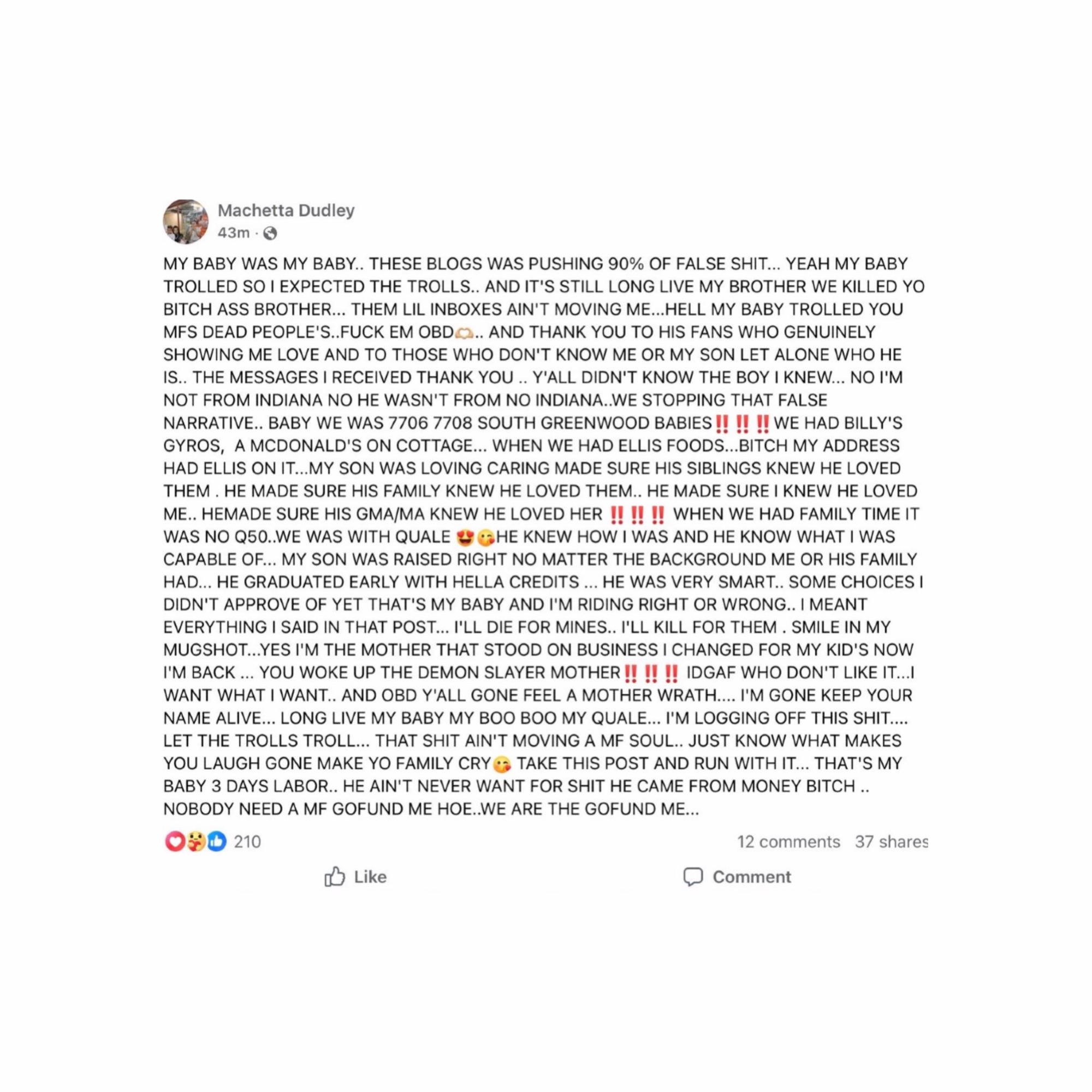 Machetta Dudley's Facebook Post
