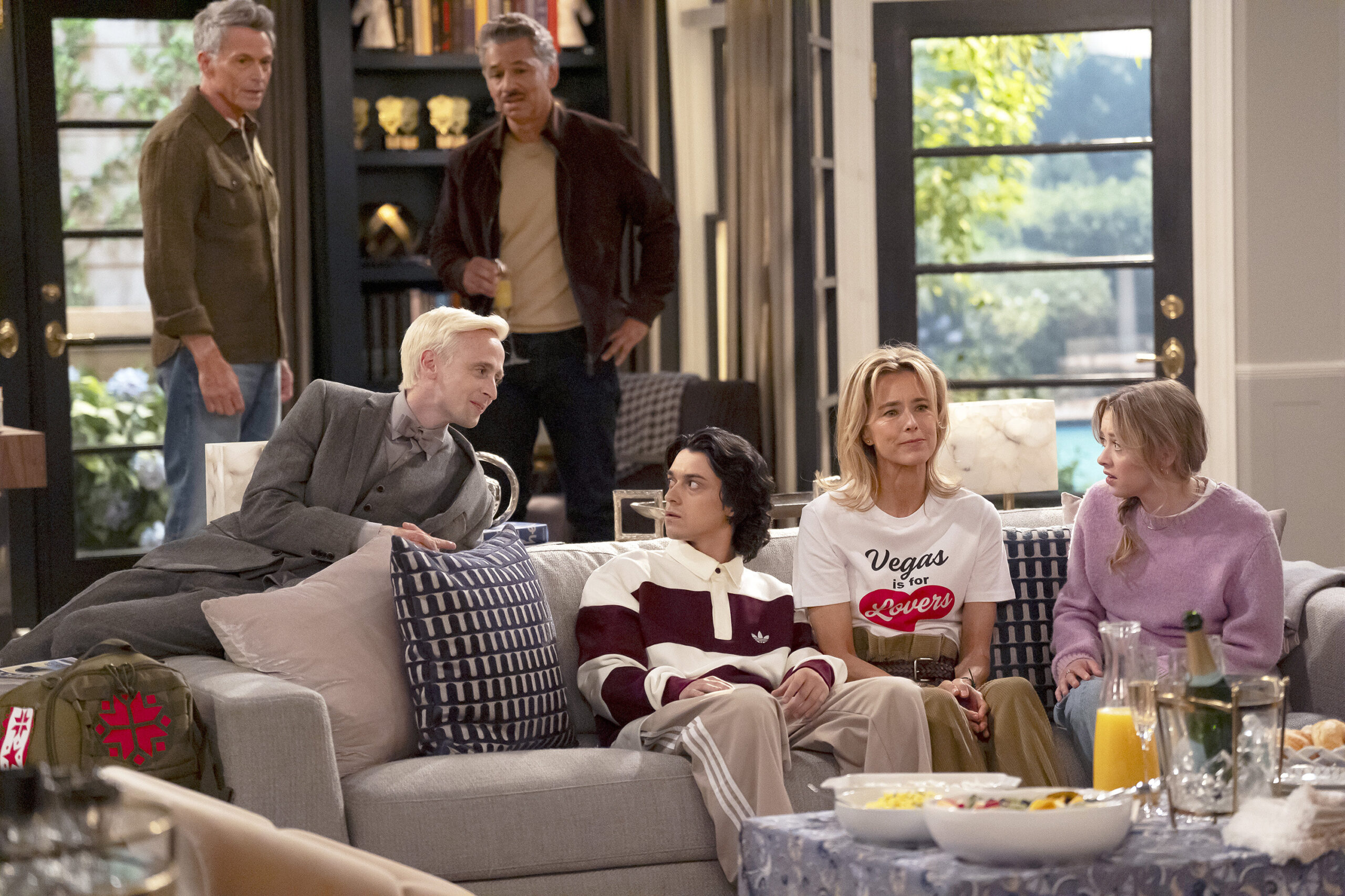 NEWLYWEDS -- Pictured: (l-r) Tim Daly as James, Bill O'Neill as Arvid, Al Madrigal as Dan, Ignacio Diaz-Silverio as Lolo, Tea Leoni as Jeanie, Emma Meisel as Poppy -- (Photo by: Nicole Weingart/NBC)